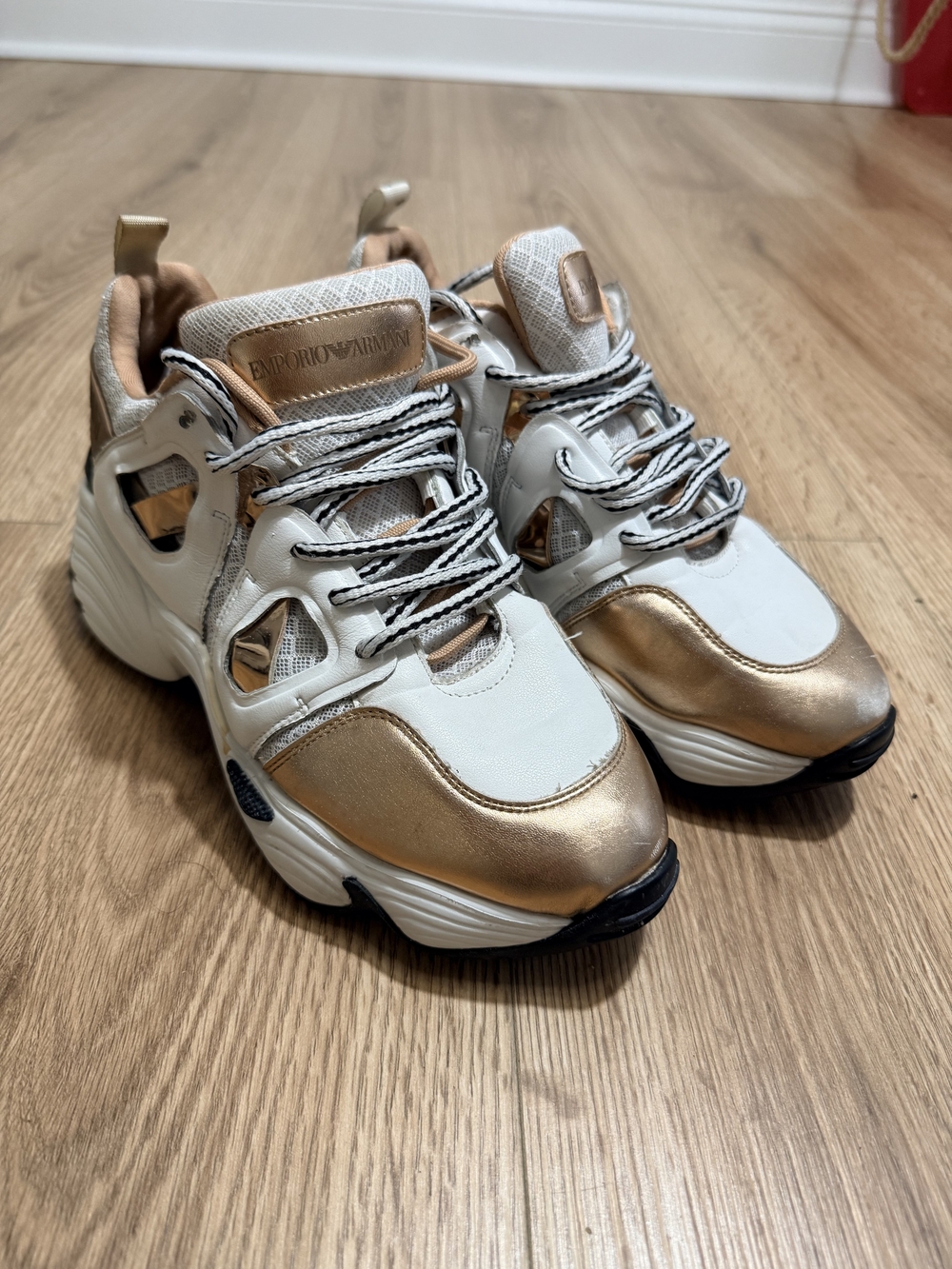 Emporio Armani White and Gold Metallic Chunky Sneakers for Kids
